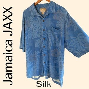 Jamaica Jaxx 100% Silk Hawaiian Shirt XL Blue Tropical Floral Button Up. EUC!